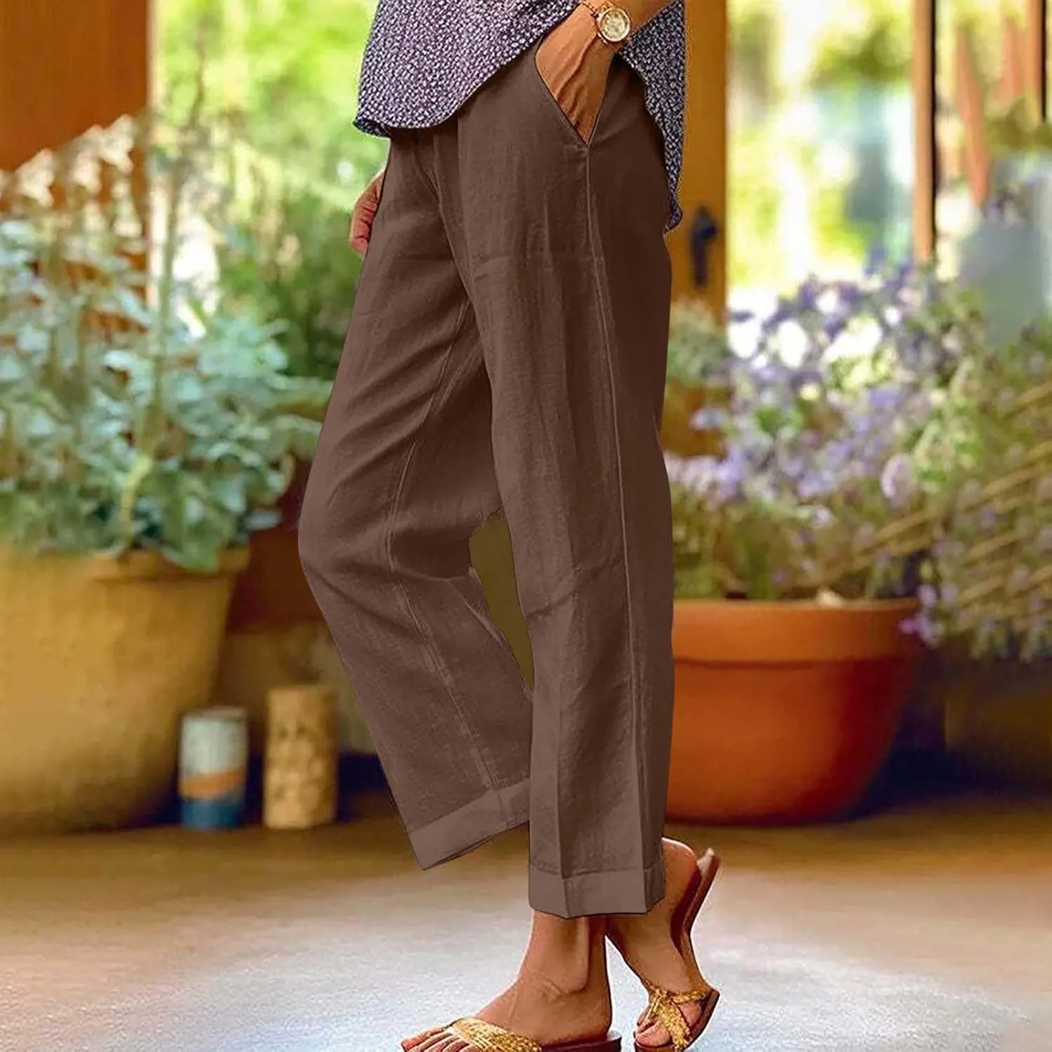 Womens Wide Leg Linen Pants Long High Waisted Elastic Pants Paperbag Waist Wide Leg Pants Lounge Casual Wear Pants