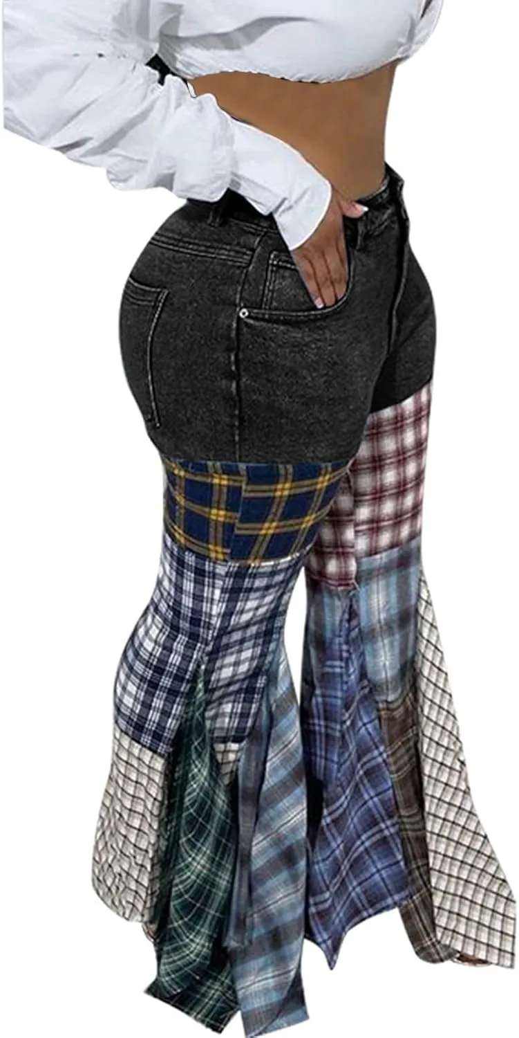 Womens Y2K Harajuku Hippie High Waist Patchwork Flare Jeans Plaid Bell Bottom Ruffle Hem Denim Long Pants Trousers
