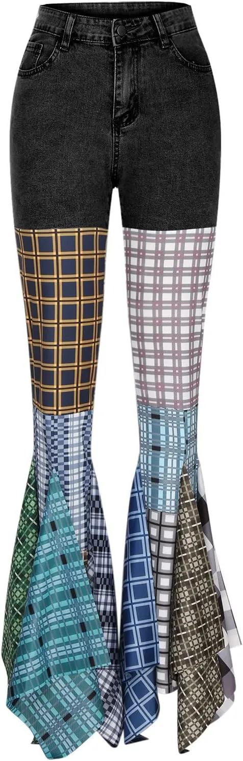 Womens Y2K Harajuku Hippie High Waist Patchwork Flare Jeans Plaid Bell Bottom Ruffle Hem Denim Long Pants Trousers