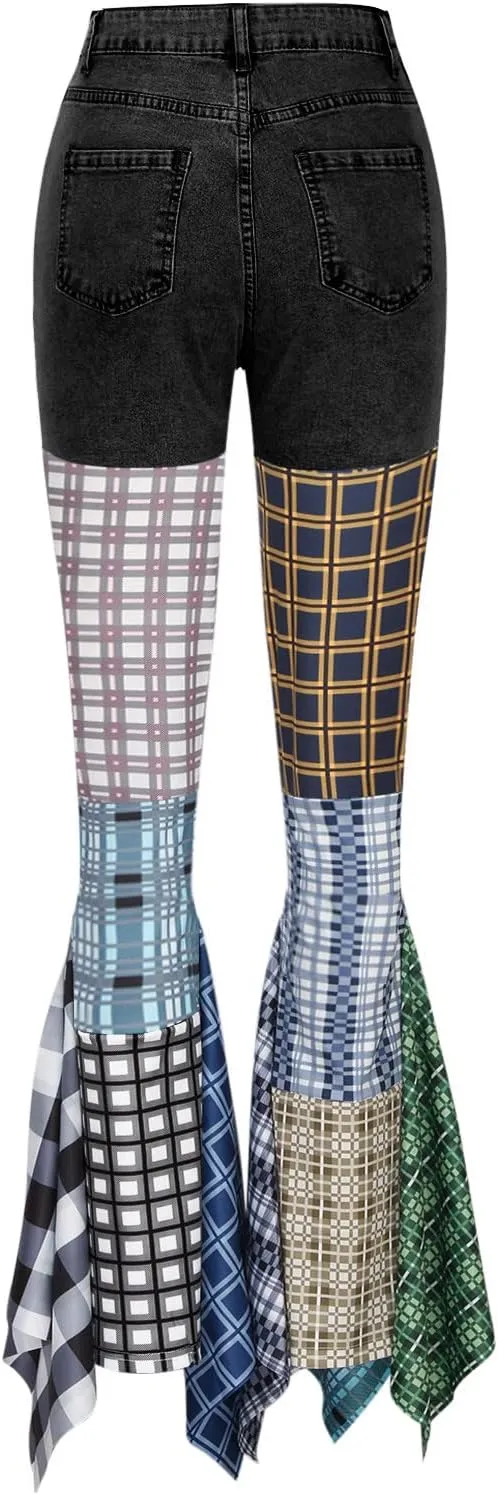 Womens Y2K Harajuku Hippie High Waist Patchwork Flare Jeans Plaid Bell Bottom Ruffle Hem Denim Long Pants Trousers
