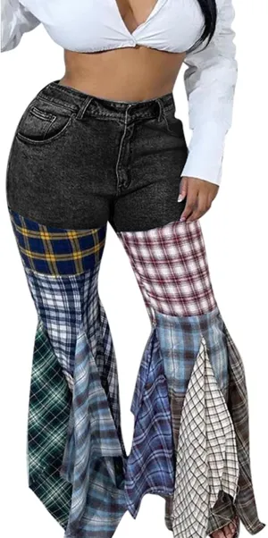 Womens Y2K Harajuku Hippie High Waist Patchwork Flare Jeans Plaid Bell Bottom Ruffle Hem Denim Long Pants Trousers