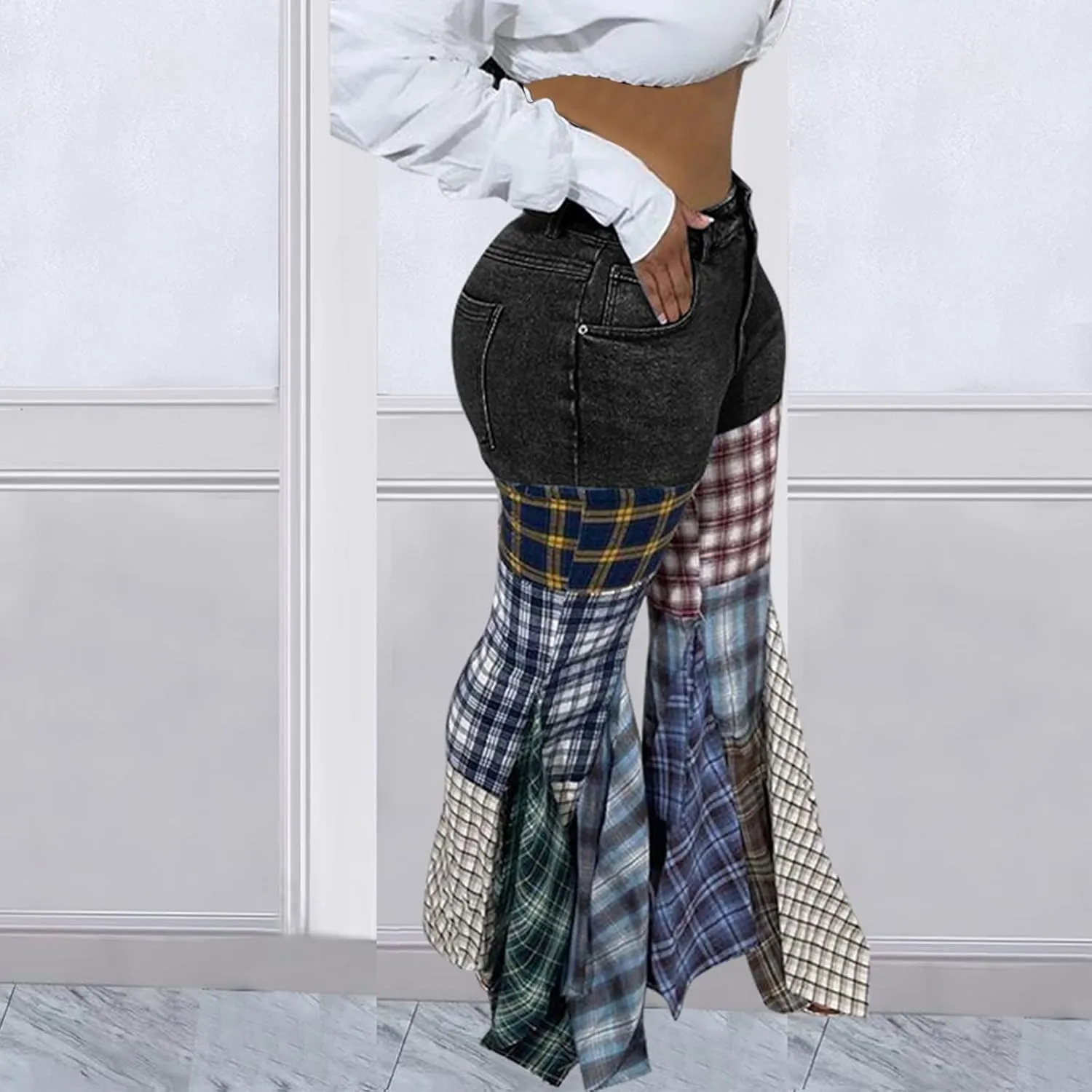 Womens Y2K Harajuku Hippie High Waist Patchwork Flare Jeans Plaid Bell Bottom Ruffle Hem Denim Long Pants Trousers