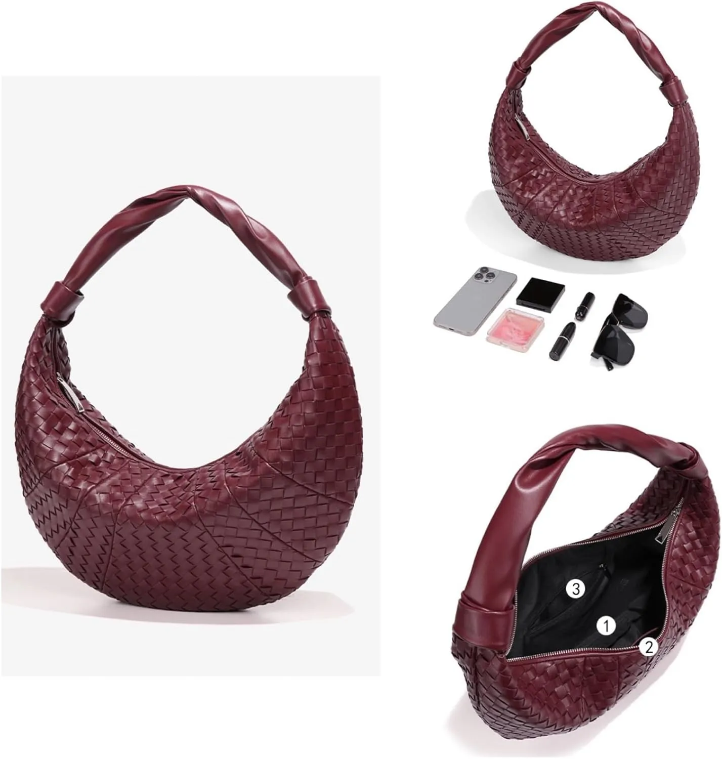 Woven Leather Hobo Bag, Crescent Shaped Handbag, High Capacity Crossbody Shoulder Bag, Cross Pattern Dumpling Retro Trend