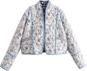 Wyeysyt Women's Cropped Puffer Quilted Jacket Cardigan Floral Printed Lightweight Long Sleeve Open Front Short Padded Coats