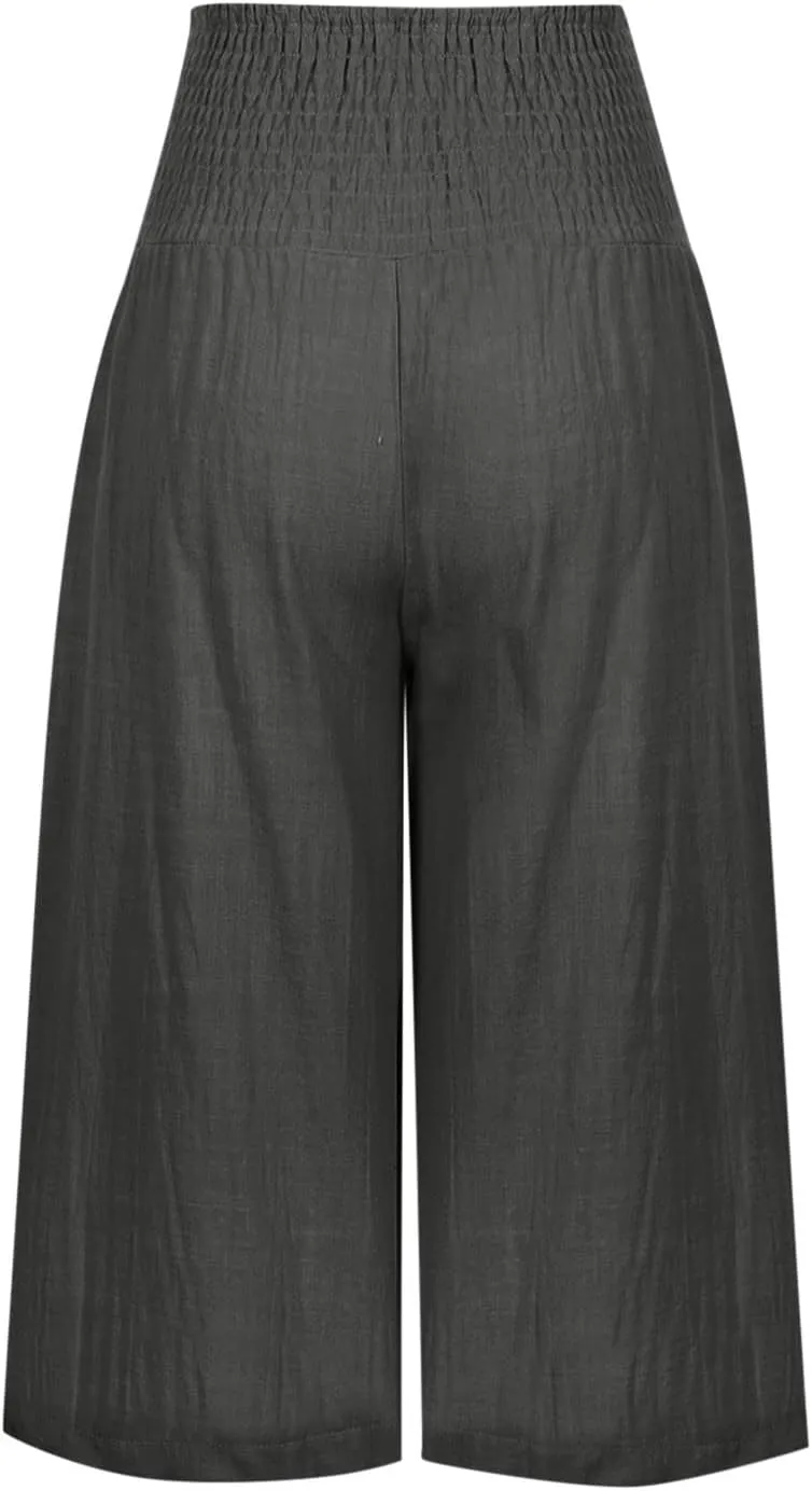 Xiaojmake Cotton Linen Pants for Women Trendy 2024 High Waist Drawstring Trousers Cropped Casual Pants Summer Wide Leg Capris