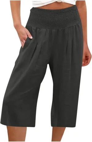 Xiaojmake Cotton Linen Pants for Women Trendy 2024 High Waist Drawstring Trousers Cropped Casual Pants Summer Wide Leg Capris