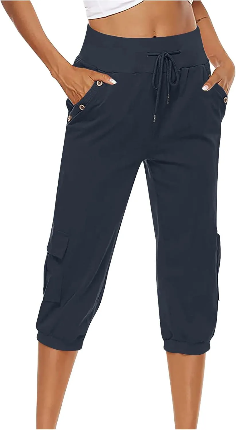 XUNRYAN Cargo Pants Capris Womens Summer Casual Linen Cotton Crop Pants Joggers Palazzo Harem Pants Beach Trousers w Pockets