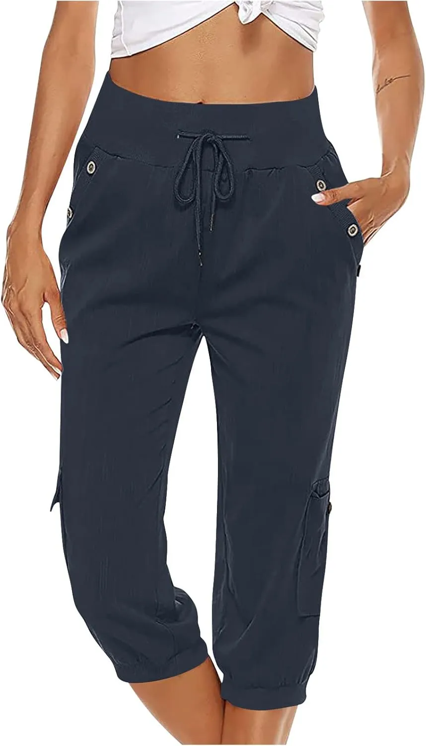XUNRYAN Cargo Pants Capris Womens Summer Casual Linen Cotton Crop Pants Joggers Palazzo Harem Pants Beach Trousers w Pockets