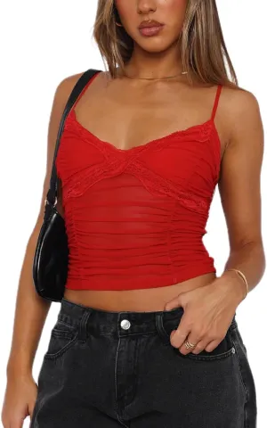 Y2k Lace Cami Crop Tops Women Sexy Mesh Lace Going Out Tank Tops Spaghetti Strap Cute Summer Camisoles