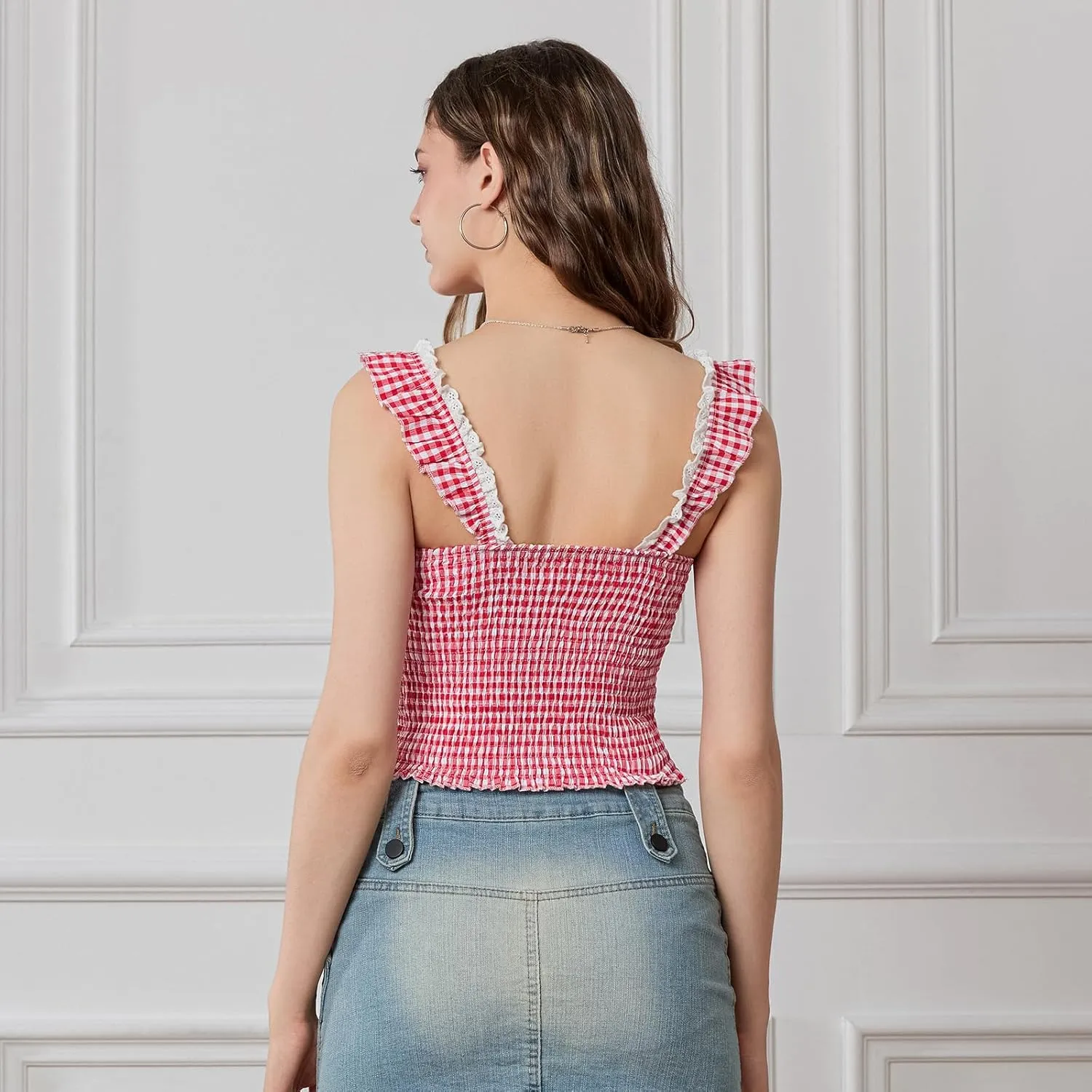 Y2k Plaid Cami Tank Tops for Women Spaghetti Strap Lace Trim Cami Crop Top Cute Gingham Going Out Camisoles