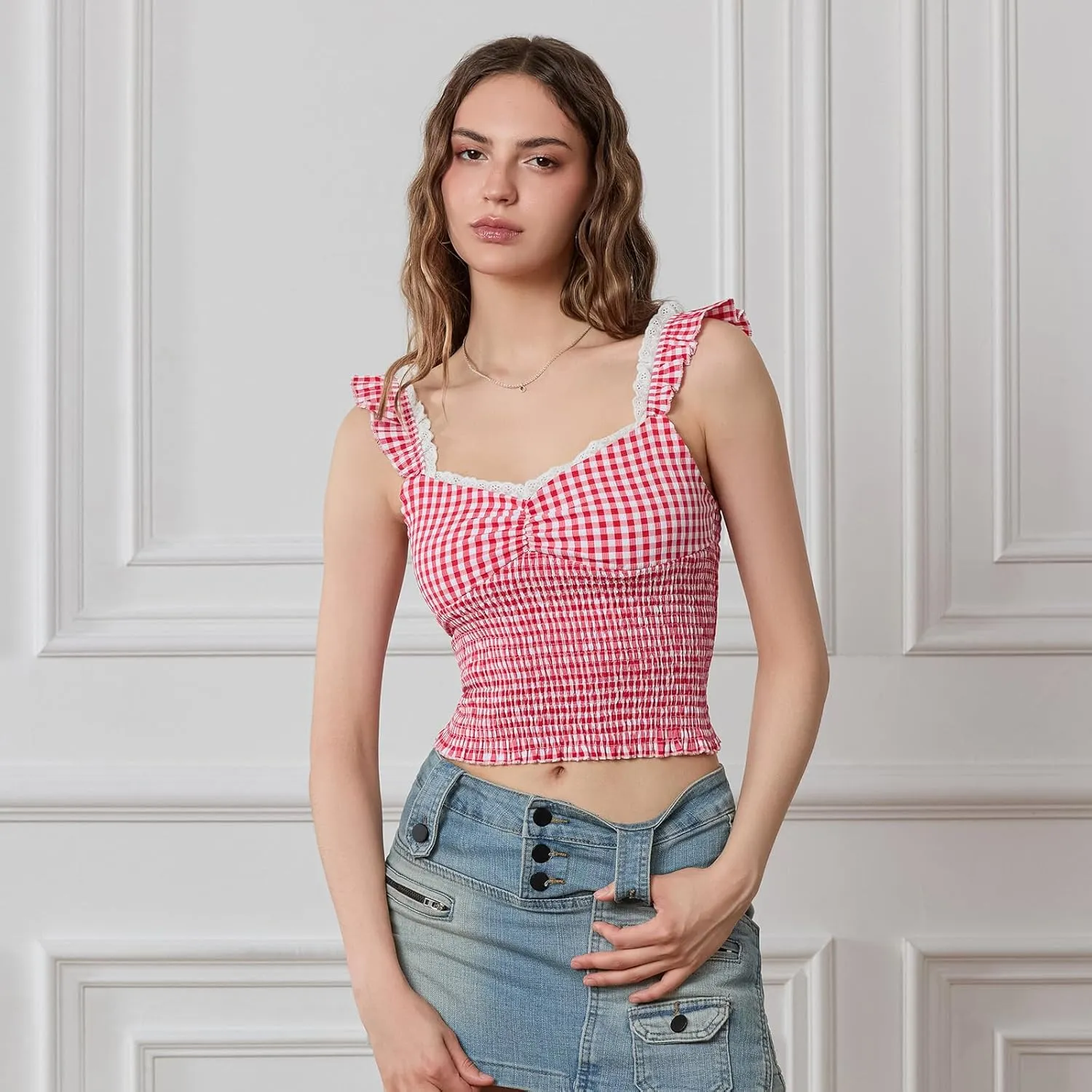 Y2k Plaid Cami Tank Tops for Women Spaghetti Strap Lace Trim Cami Crop Top Cute Gingham Going Out Camisoles