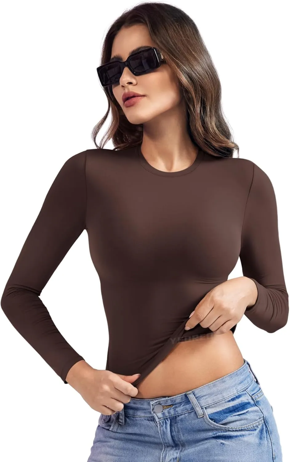 YEOREO Long Sleeve Shirts for Women y2k Tops Double Lined Basic Tee Crew Neck Going Out Sweeney Workout Undershirt