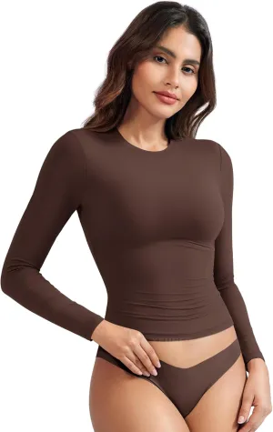 YEOREO Long Sleeve Shirts for Women y2k Tops Double Lined Basic Tee Crew Neck Going Out Sweeney Workout Undershirt