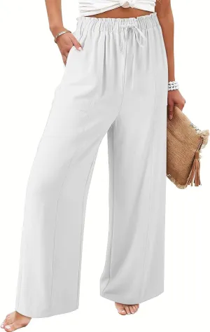 YRAETENM Cotton Linen Wide Leg Pants for Women Summer Boho Wide Leg Palazzo Pants Casual Flowy Beach Trousers with Pockets