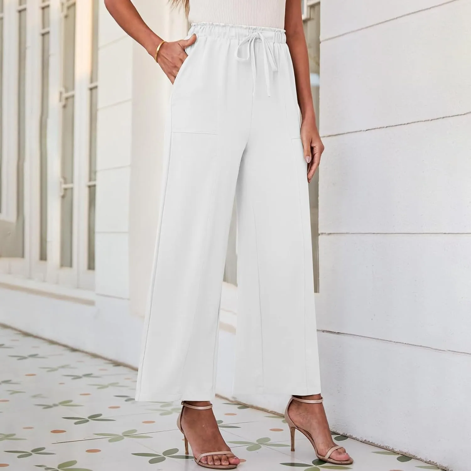 YRAETENM Cotton Linen Wide Leg Pants for Women Summer Boho Wide Leg Palazzo Pants Casual Flowy Beach Trousers with Pockets