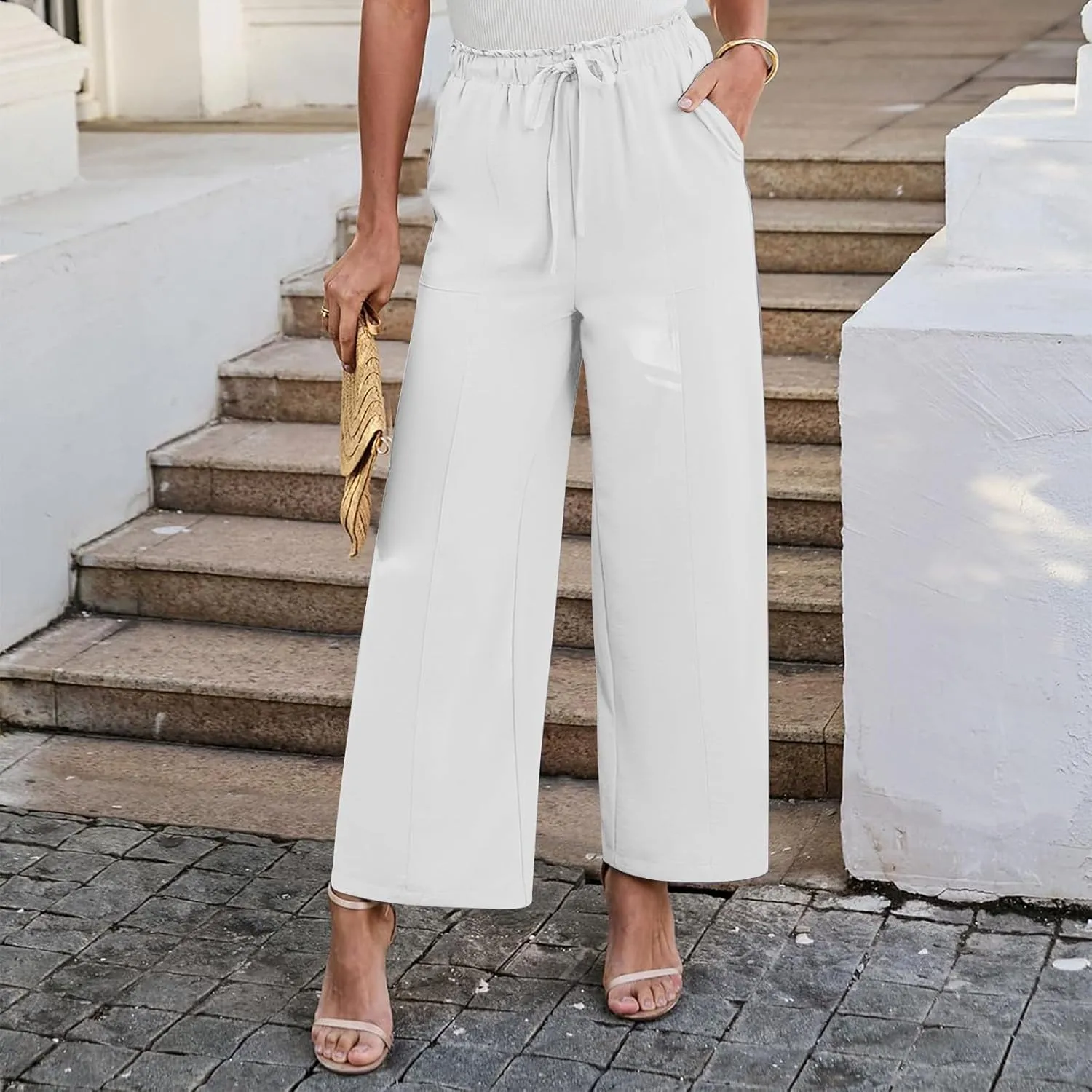 YRAETENM Cotton Linen Wide Leg Pants for Women Summer Boho Wide Leg Palazzo Pants Casual Flowy Beach Trousers with Pockets