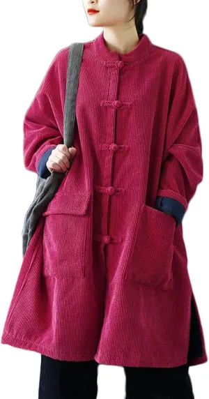 Ystylee Womens Classic Long Corduroy Jacket Sherpa Fleece Lined Loose Button Down Chinese Vintage Jacket Trench Coat