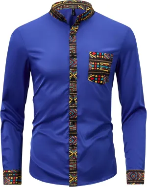 ZAFUL Men's African Shirt Hipster Tribal Graphic Patchwork Slim Fit Tee Long Sleeve Button Down Mandarin Collar Shirts