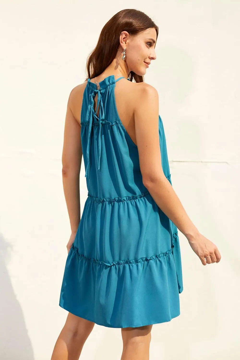 ZAFUL Women's Halter Neck Summer Dresses Boho Floral Print Casual Sleeveless Backless Vintage Ruffle Short Dress