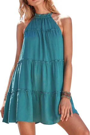 ZAFUL Women's Halter Neck Summer Dresses Boho Floral Print Casual Sleeveless Backless Vintage Ruffle Short Dress