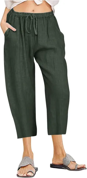 ZDRZK Lightweight Summer Pants Women Casual Cotton Linen Cropped Pants Elastic Waist Drawstring Wide Leg Capris Trousers