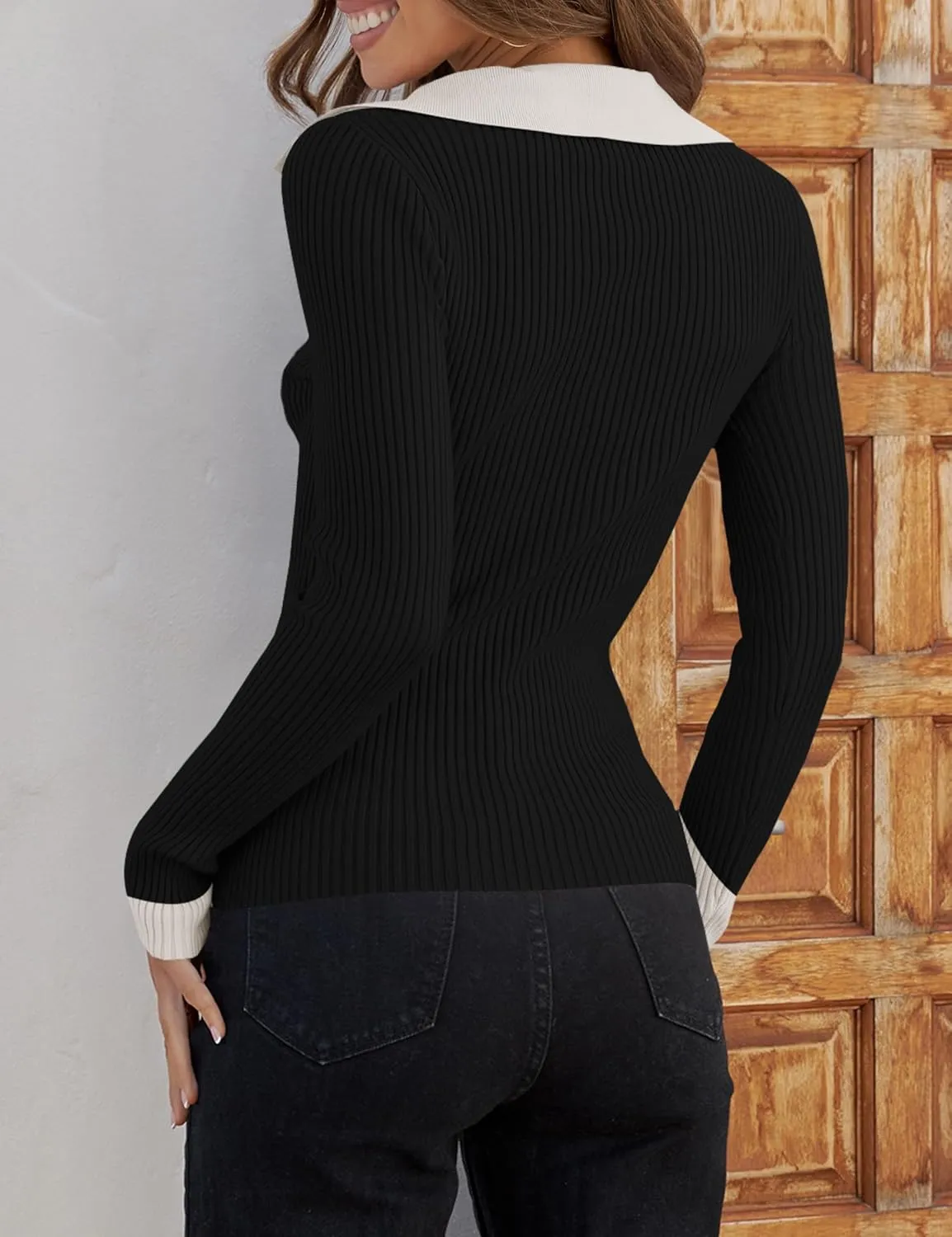 ZESICA Sweaters for Women Spring Long Sleeve V Neck Ribbed Knit Pullover Tops Casual Slim Fit Basic Tee Shirts