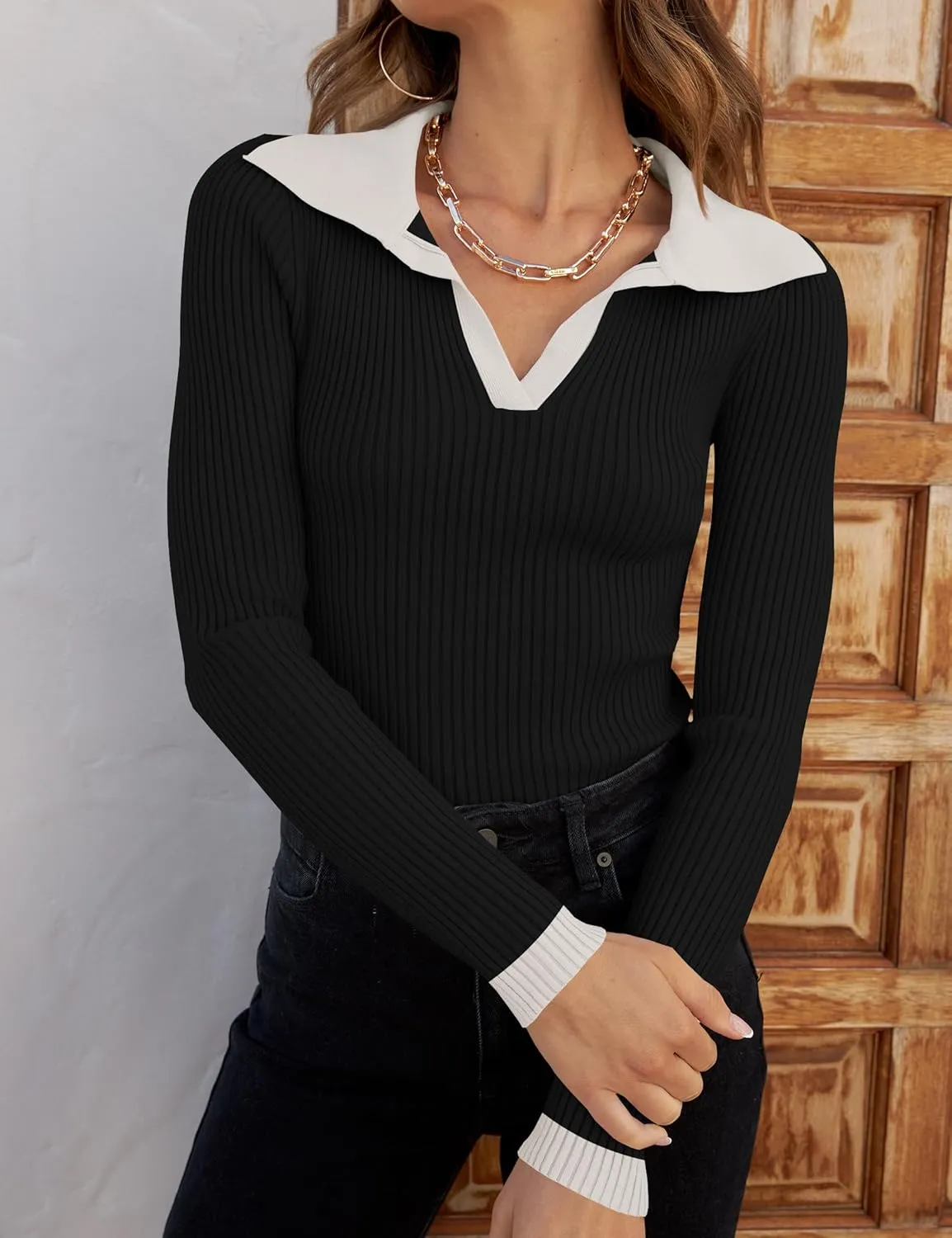 ZESICA Sweaters for Women Spring Long Sleeve V Neck Ribbed Knit Pullover Tops Casual Slim Fit Basic Tee Shirts