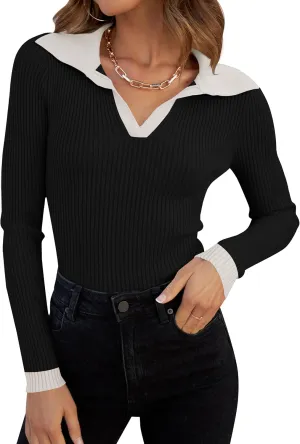 ZESICA Sweaters for Women Spring Long Sleeve V Neck Ribbed Knit Pullover Tops Casual Slim Fit Basic Tee Shirts