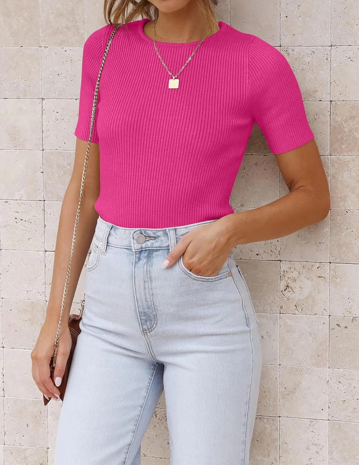 ZESICA Women's Short Sleeve Sweater Tops 2025 Summer Crewneck T Shirt Ribbed Knit Slim Fit Basic Solid Color Tee