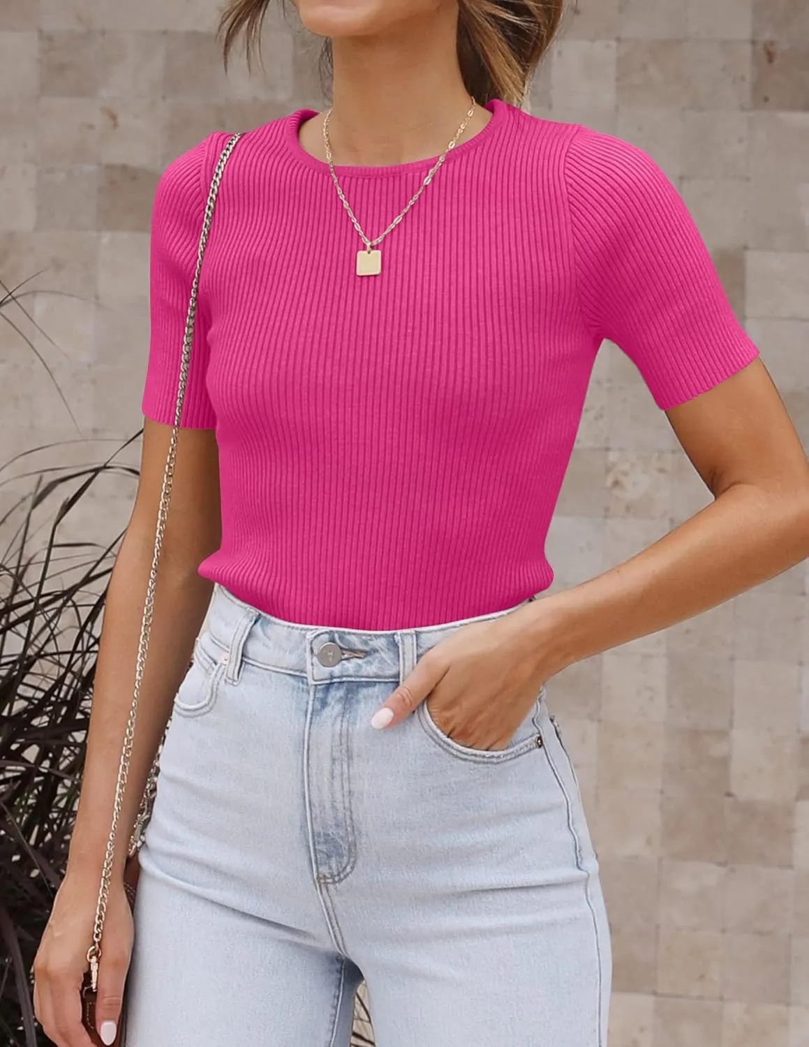 ZESICA Women's Short Sleeve Sweater Tops 2025 Summer Crewneck T Shirt Ribbed Knit Slim Fit Basic Solid Color Tee