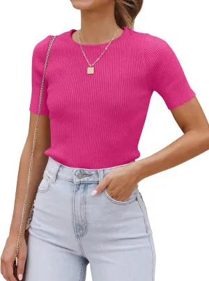 ZESICA Women's Short Sleeve Sweater Tops 2025 Summer Crewneck T Shirt Ribbed Knit Slim Fit Basic Solid Color Tee