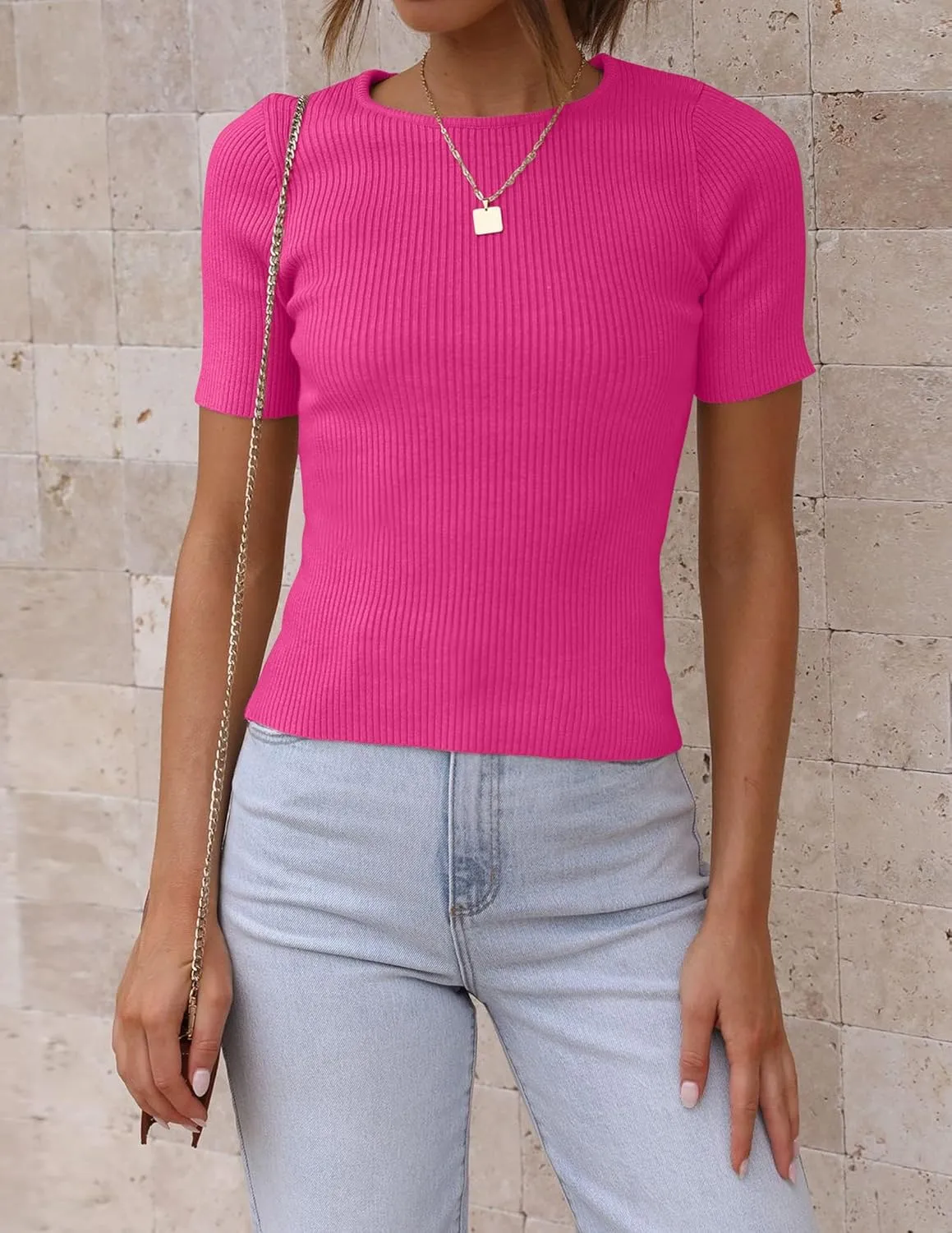 ZESICA Women's Short Sleeve Sweater Tops 2025 Summer Crewneck T Shirt Ribbed Knit Slim Fit Basic Solid Color Tee