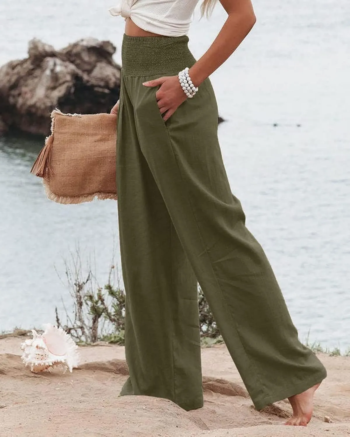 ZWRXW 2025 Linen Pants Women Summer Boho Wide Leg Palazzo Pants High Waist Casual Lounge Pant for Beach Travel Vacation Work