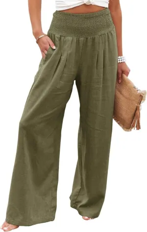 ZWRXW 2025 Linen Pants Women Summer Boho Wide Leg Palazzo Pants High Waist Casual Lounge Pant for Beach Travel Vacation Work