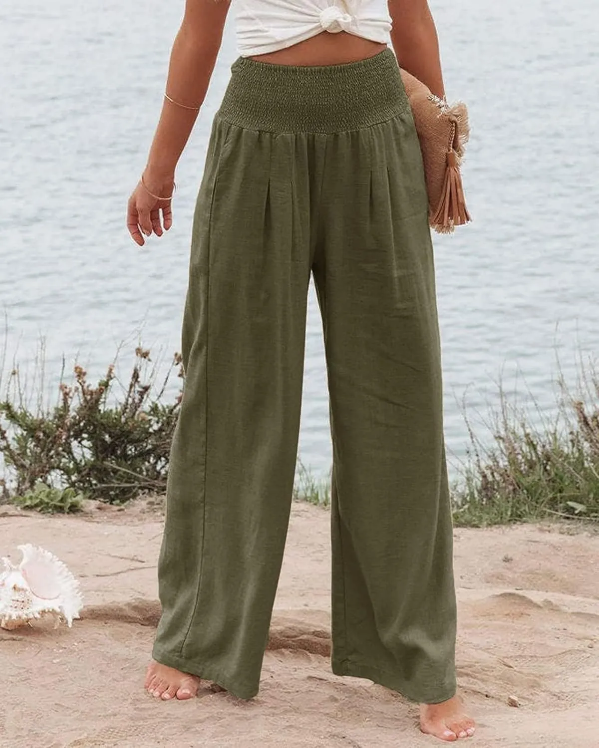 ZWRXW 2025 Linen Pants Women Summer Boho Wide Leg Palazzo Pants High Waist Casual Lounge Pant for Beach Travel Vacation Work